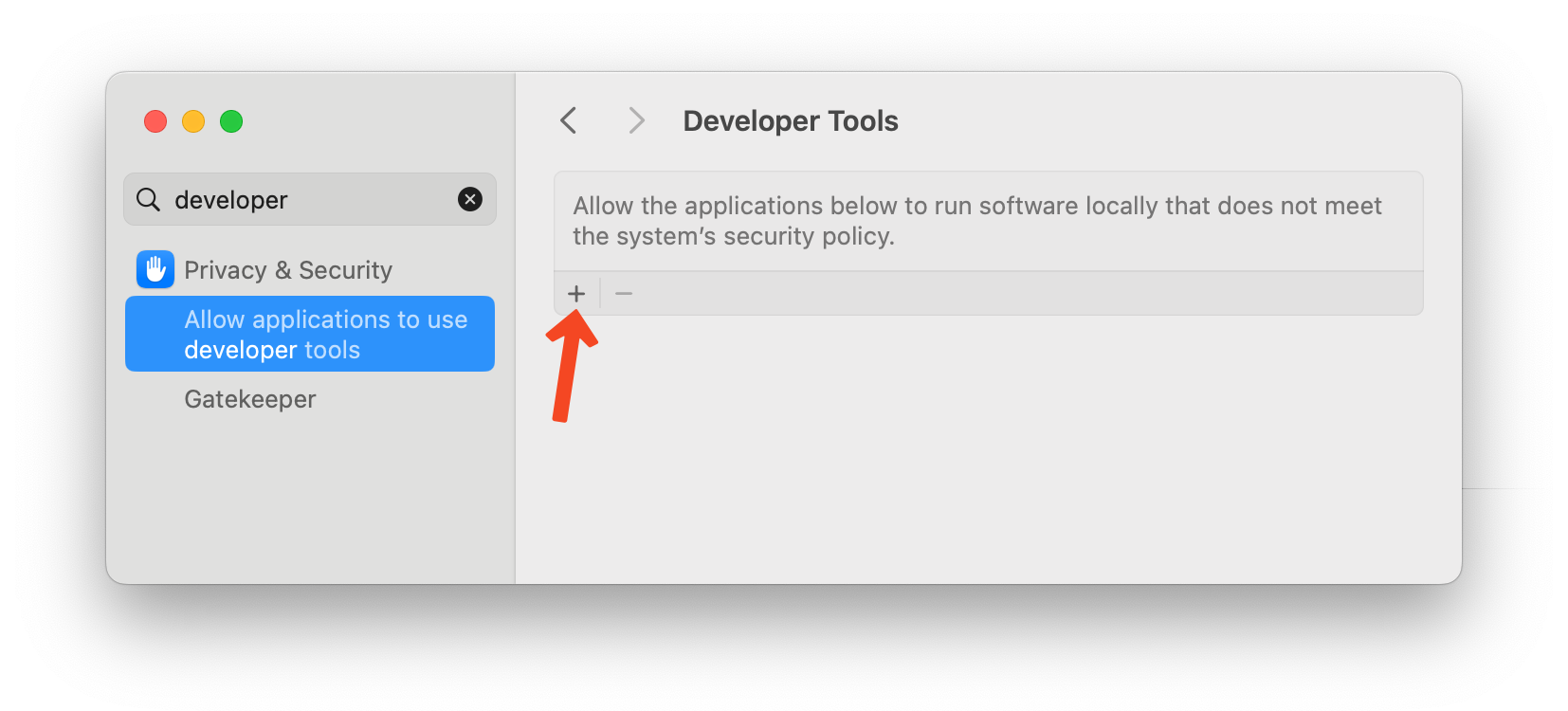 System Settings: Allow applications to use developer tools - Add App Shows 'System Settings' app with 'Allow applications to use developer tools' selected and an arrow pointing to the plus option