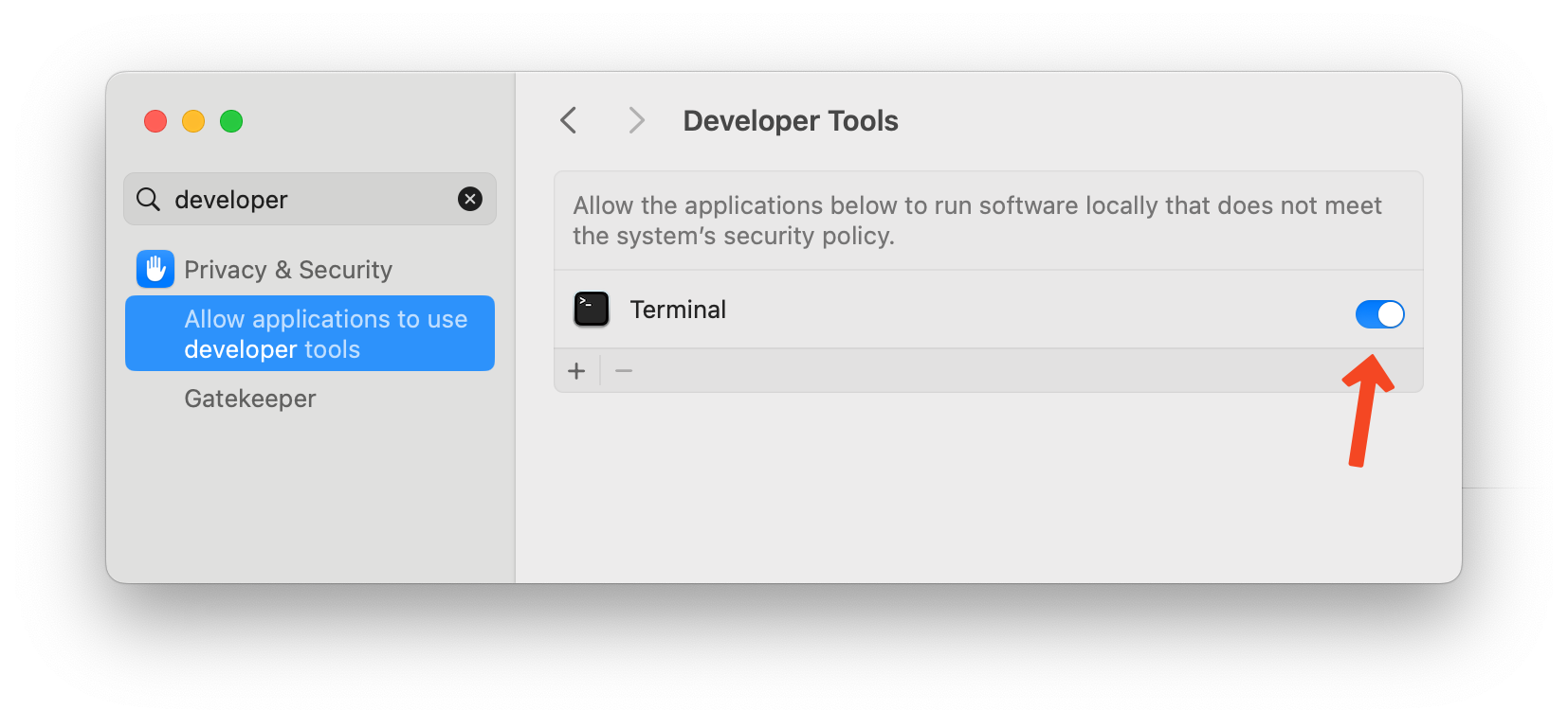 Make sure the slider is in the enabled position Arrow points to the slider knob to enable Terminal in System Settings