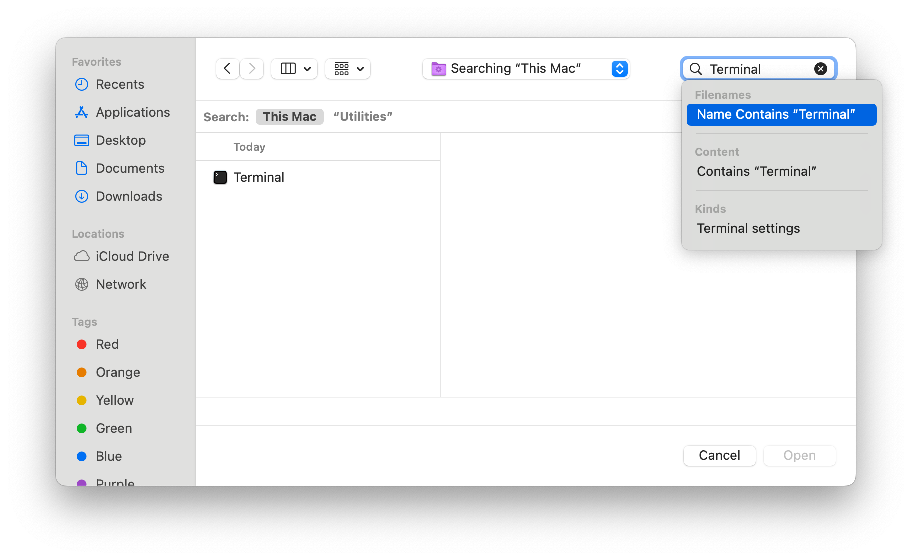 Search for 'Terminal' File Chooser searching spotlight for Terminal